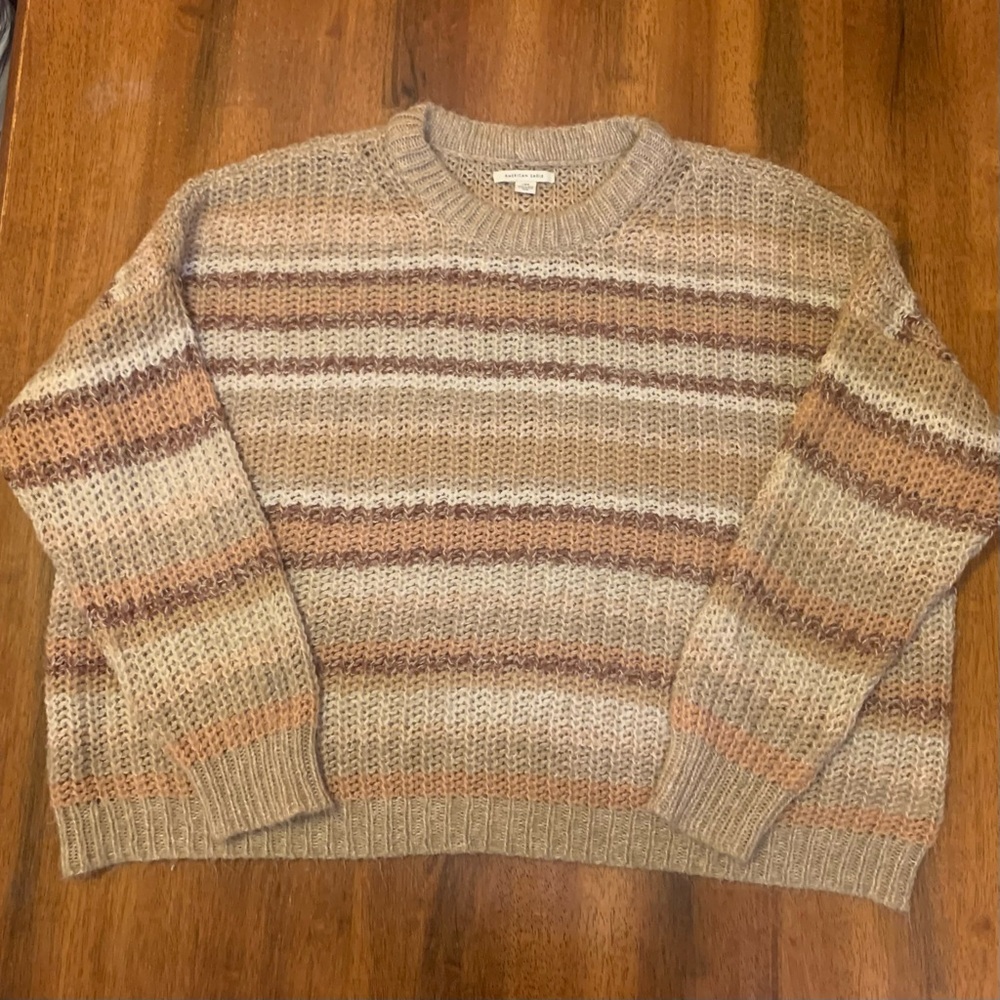 American Eagle Outfitters Sweater Large Striped Tan and Brown Crewneck Open Knit